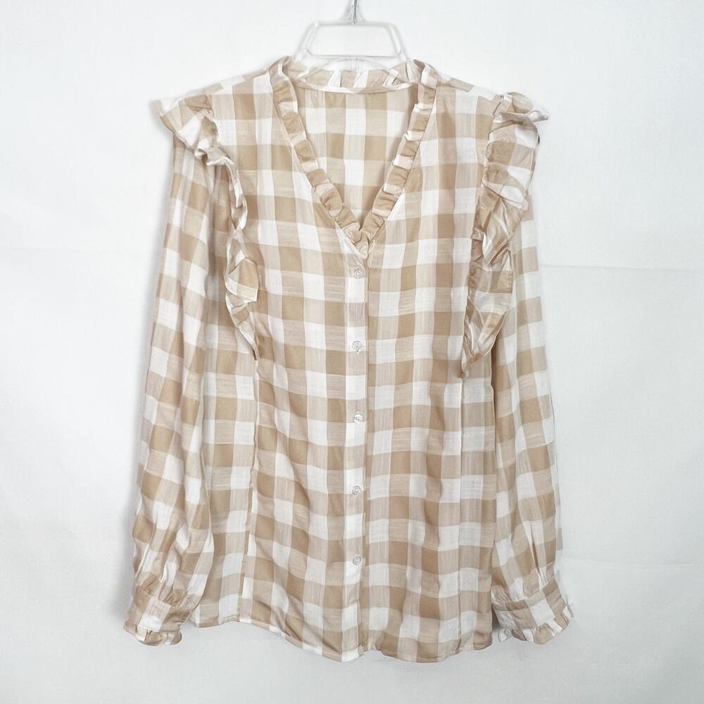 Women's Gingham Print Ruffle Long Sleeve Top Size Large